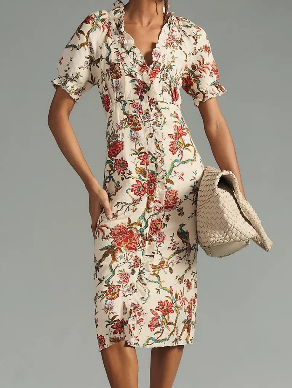 Anthropologie Pilcro Floral Bird Ruffle Collar Buttondown Midi Dress US Size 14